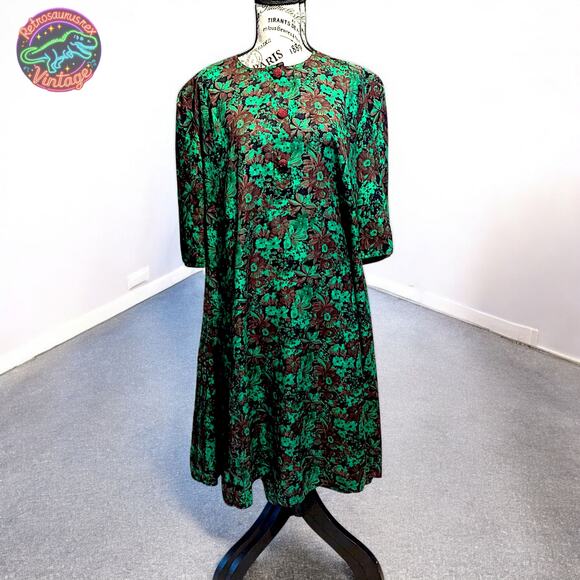 Vintage Rockabilly Mod Retro Green Floral Day Swing Dress, Plus Size - Picture 3 of 7